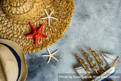 Top view of straw hat with seashells as a holiday concept 48BZxK