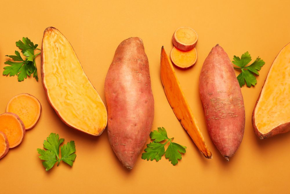 Concept of vegetables, sweet potato, top view