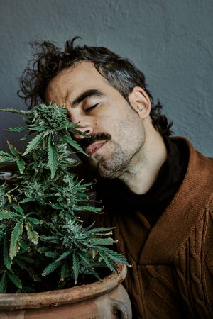 a young brown-haired man smelling his marijuana plant at home