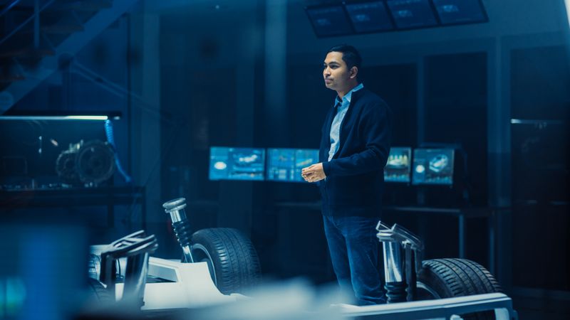 Automobile Design Engineer in Automotive Innovation Facility and Working on Electric Car Platform Chassis Prototype that Includes Wheels, Suspension, Hybrid Engine and Battery.