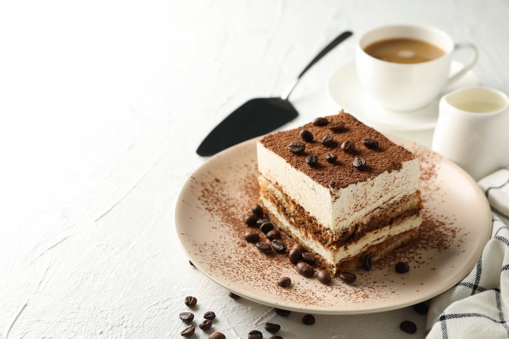 Composition with plate of tasty tiramisu on blank background. Delicious dessert