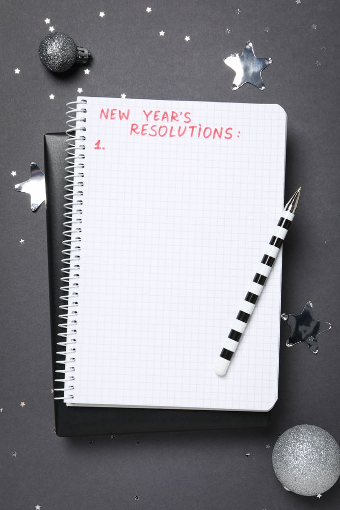 Concept of New Year Resolutions list, new year goals, top view