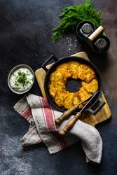 Top view of pan with Ukrainian potato pancakes, deruny