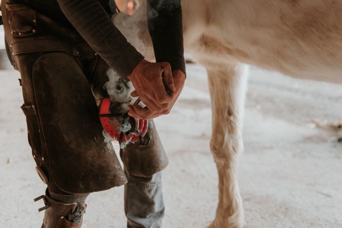 Crop blacksmith putting horseshoe on hoof