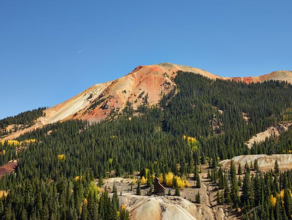 Colorful rocky mountaintop with pine trees and fall colors in Colorado