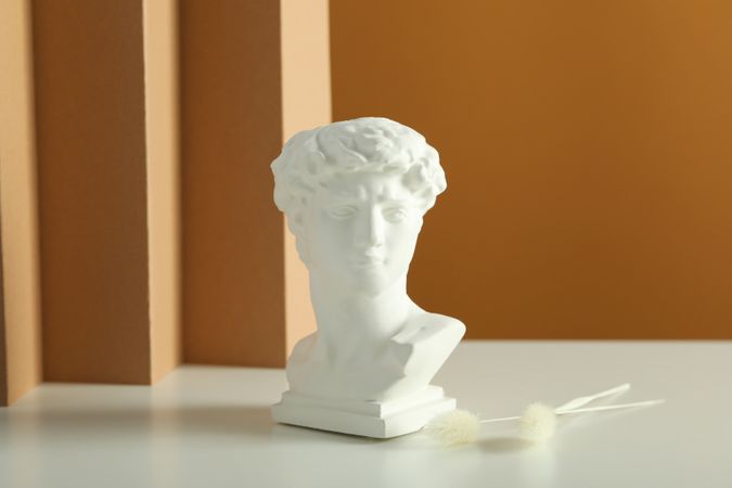 Bust on table with two dried flowers in brown room