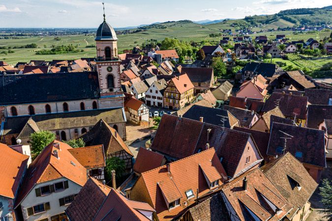 Alsatian village St-Hippolyte. Top aerial view at sunset.