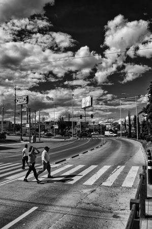 Grayscale photo of people walking on pedestrian lane