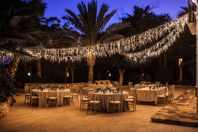 Outdoors restaurant prepared for dining