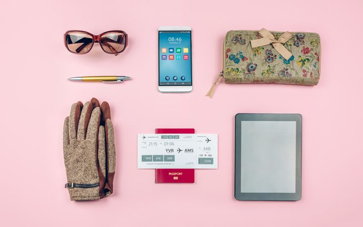 Set with businesswoman trip accessories