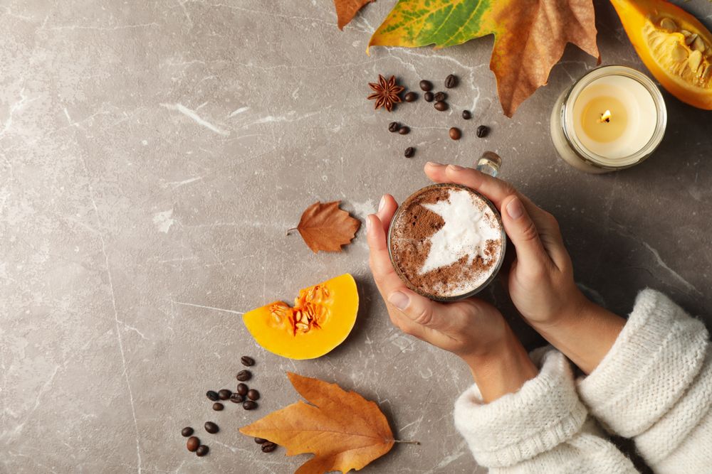 Composition with female hands hold pumpkin latte on gray background