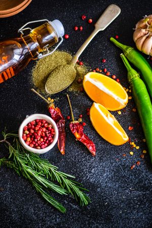 Counter with aromatics and orange slices