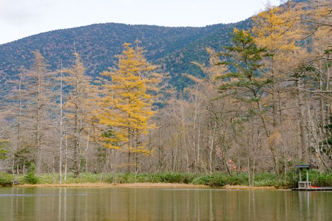 Myojin Pond with Hotaka Shrine in Kamikochi in Autumn, Japanese Alps, Chubu Sangaku National Park