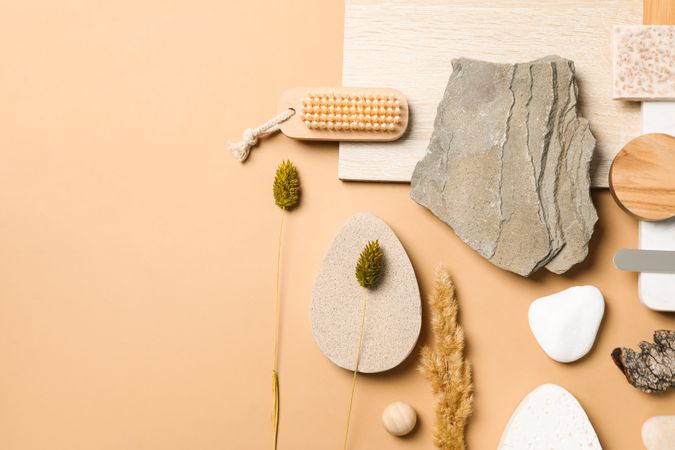 Flat lay of creative moodboard composition, space for text