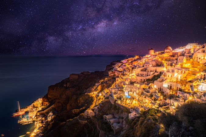 Santorini at night with starry sky