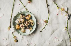 Quail eggs in bowl and blooming branches of almond tree, selective focus