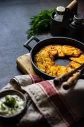 Pan with Ukrainian potato pancakes, deruny