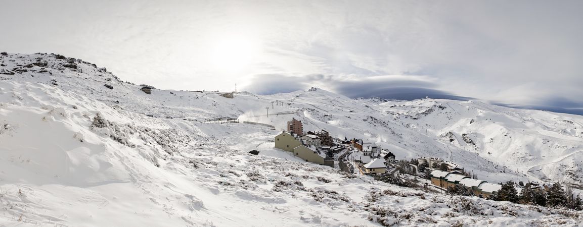 Panorama of snowy ski resort of Sierra Nevada in winter