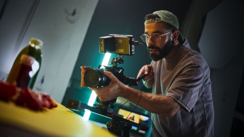 Focused Male Cinematographer With Beard And Glasses Adjusts Professional Camera On Film Set, Capturing Vibrant, Dynamic Footage For A Documentary Or Advertising Project Under Studio Lighting.