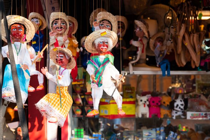 Traditional Mexican marionettes for sale at market