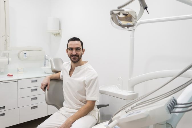 Portrait of a bearded dentist smiling at camera sitting in clinic chair