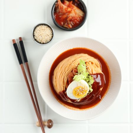 Top View Korean Cold Noodles with Egg or Bibim Guksu,
