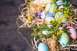 Easter holiday card concept with pastel eggs in hay on wooden table