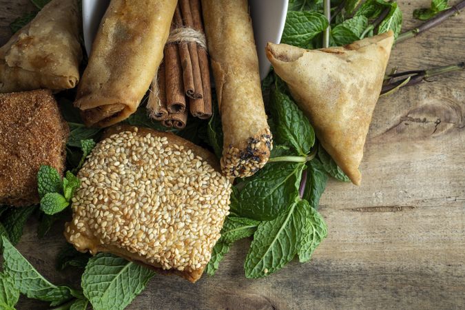 Typical Moroccan food on wooden table