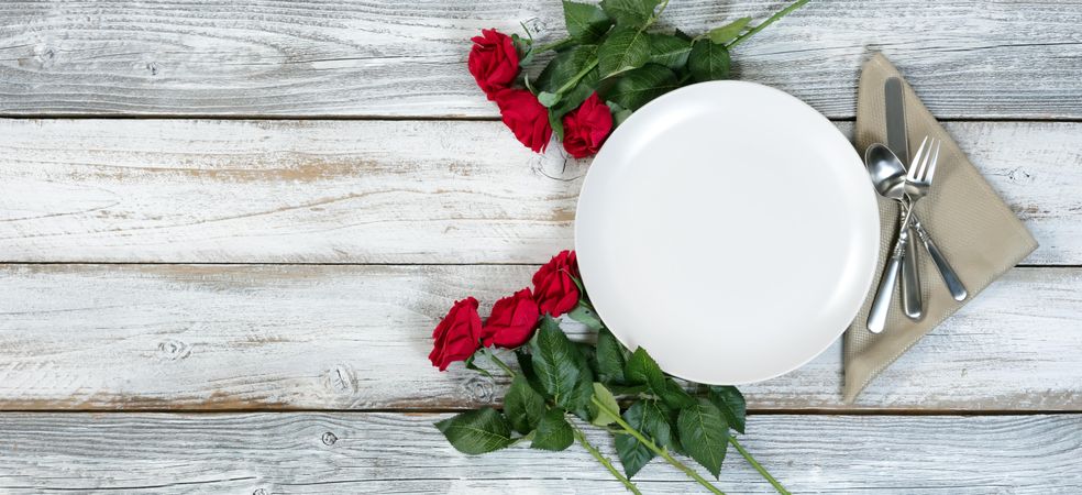 Top view of Valentine dinner table setting