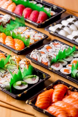 Tasty sushi served in a table