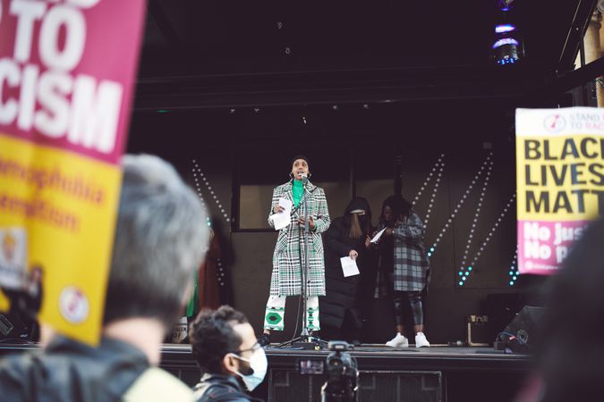 London, England, United Kingdom - March 19 2022: Woman addressing an anti-racism protest