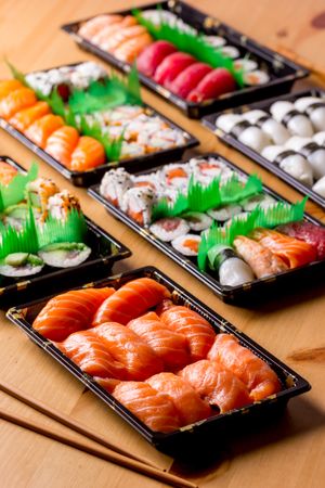 Tasty sushi served in a table