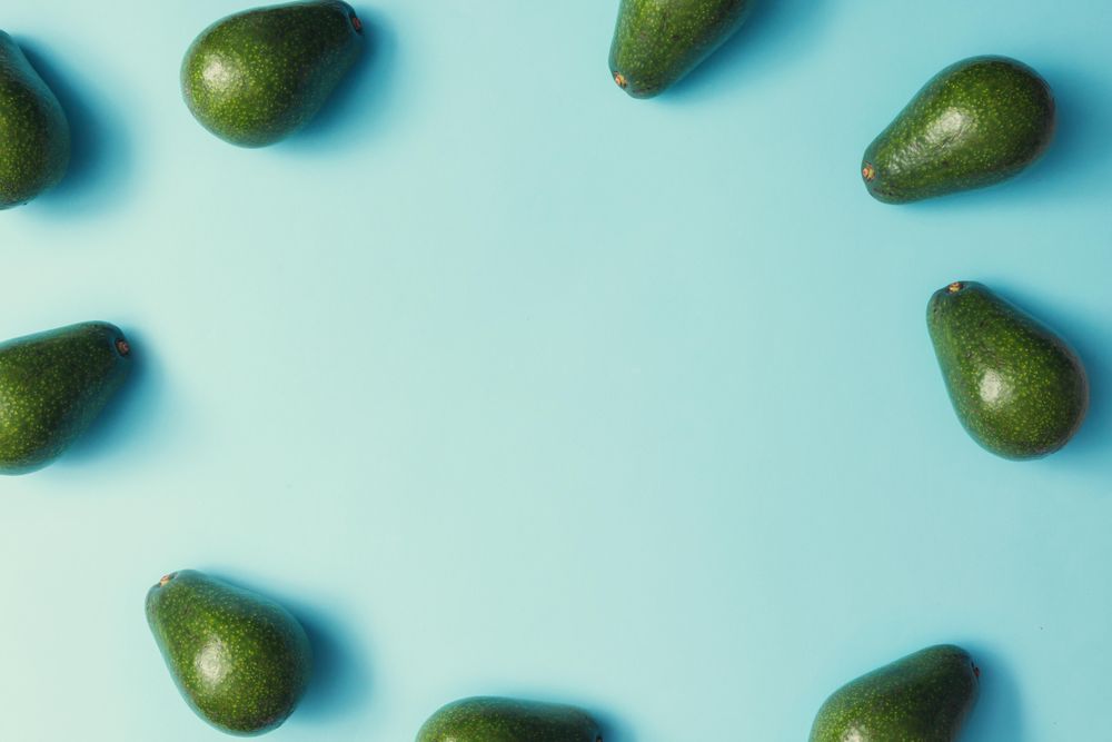 Whole avocado pattern bordering a pastel blue background