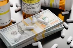 Prescription Medicine Bottles and Pills Next To Stacks of 100 Dollar Bills.