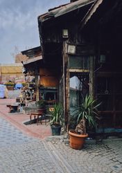Pots of plants sitting outside shop in pedestrian area