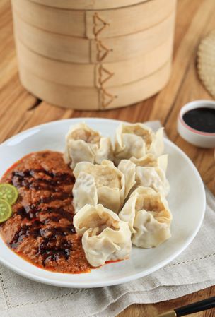 Siomay Ikan bandung, Fish Dumpling Served with Spicy Peanut Sauce and Sweet Soy Sauce
