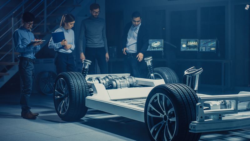 Team of Automotive Engineers Discussing and Designing Electric Car Platform Chassis Prototype