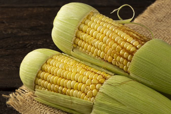 Green corn on the wooden table.