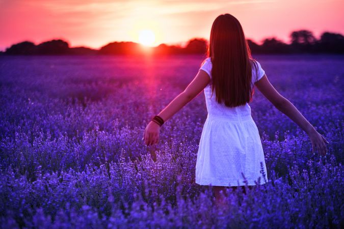 Anonymous female in blooming field during sunset