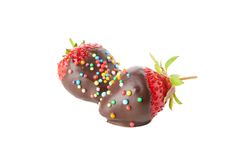 Chocolate fondue. Strawberry in chocolate isolated on plain background