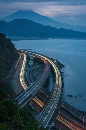 Aerial view of highway at the coasts of Japan at sunset