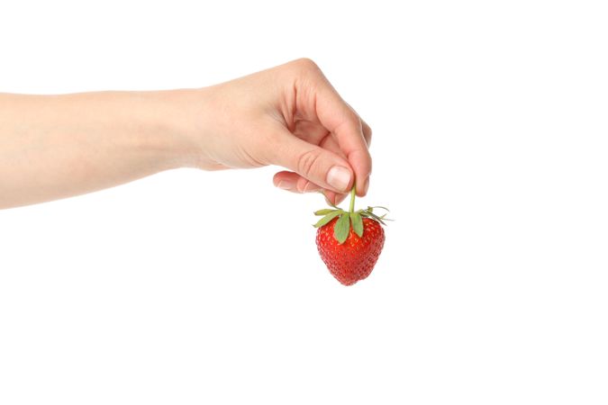 Female hand holds tasty strawberry, isolated on plain background. Summer berry