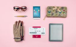 Set with businesswoman trip accessories