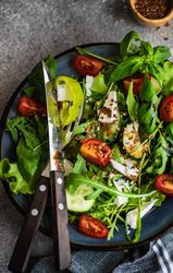 Top view of nutritious salad with flax seeds