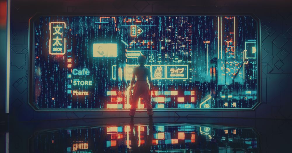 Excited Young Female with Blue Hair Looking Out of the Window with Futuristic Urban City with Neon Lights at Night.