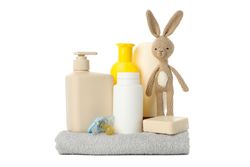 Baby hygiene accessories isolated on light background