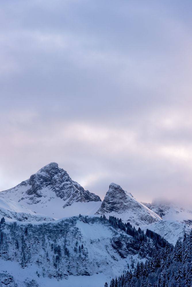 Alpine scenery with snow-covered mountain peak in Bavaria, Germany
