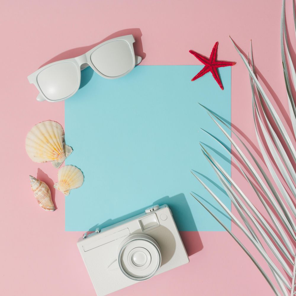 Beach accessories and palm leaves on pastel pink and blue background
