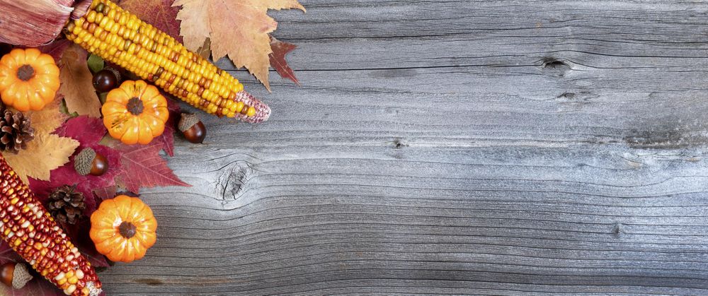Left corner border of colorful Autumn decorations over rustic wood