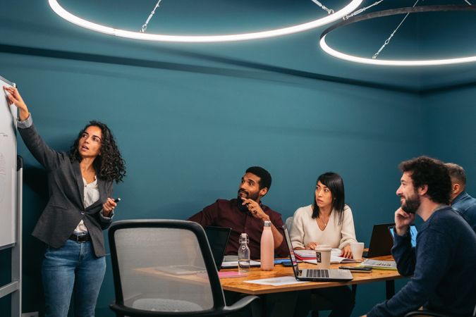 Business woman leading a meeting analyzing company data together with her colleagues in a modern coworking space